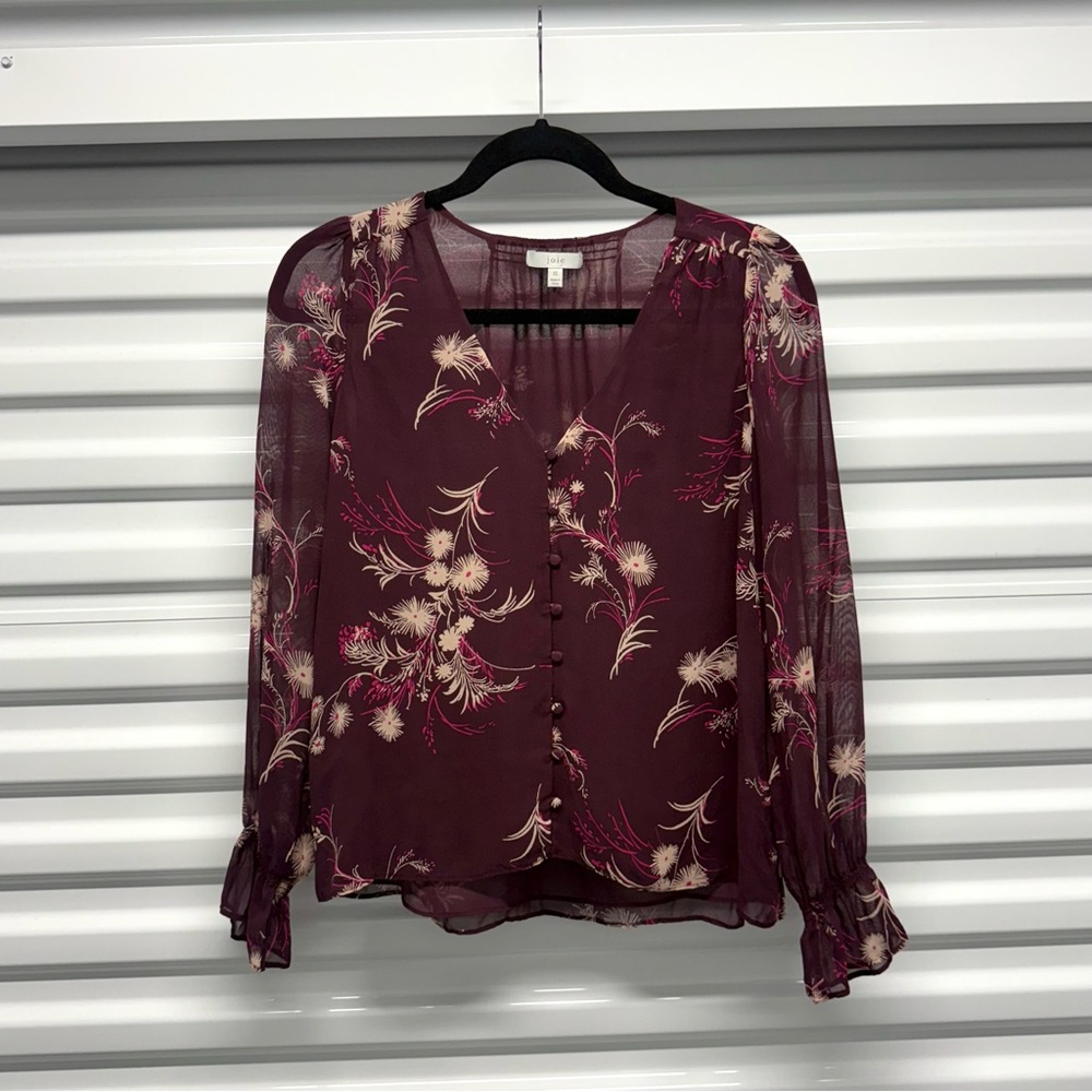 Joie Burgundy Silk Floral Blouse Button Front XS